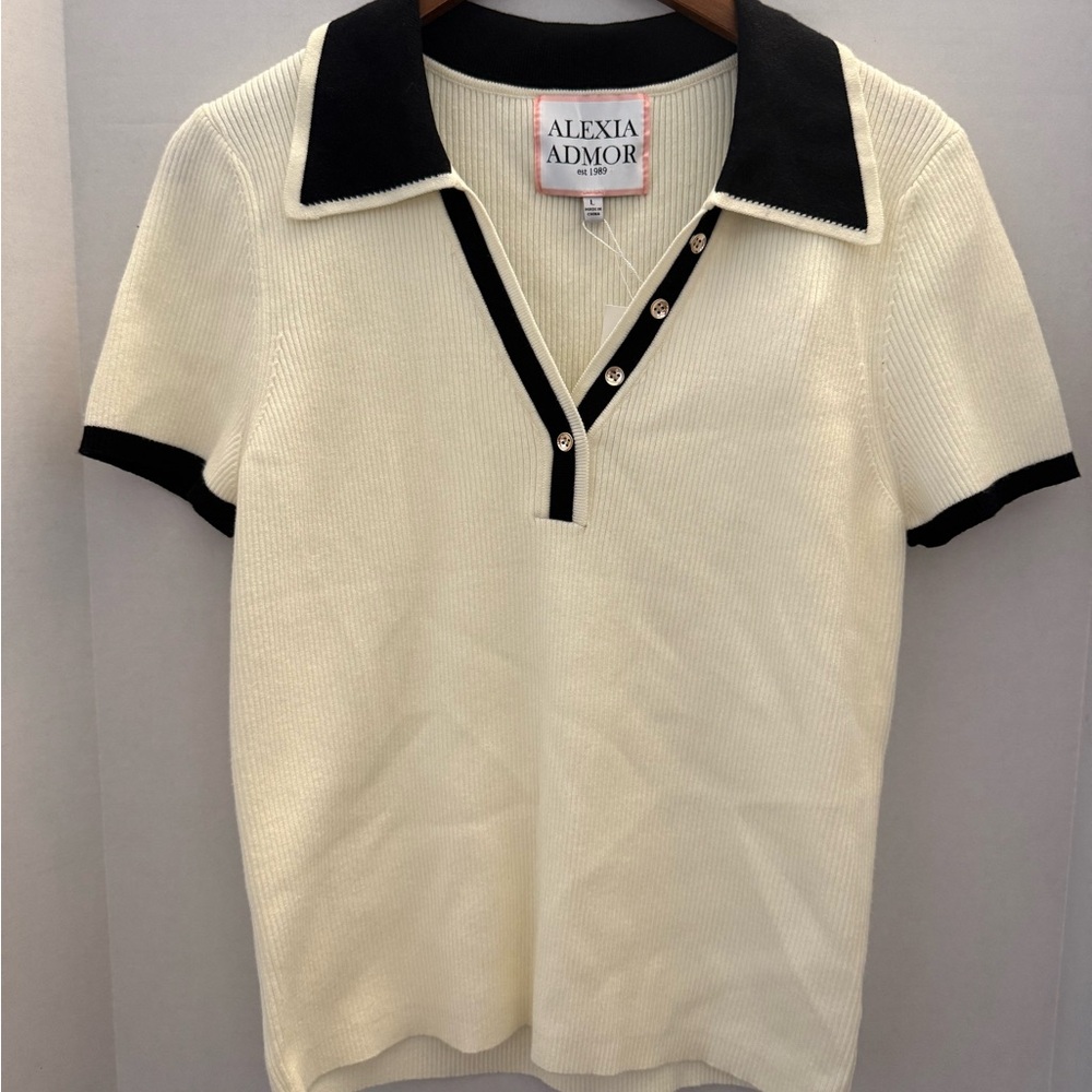 Alexia Admor Cream and Black Polo Shirt